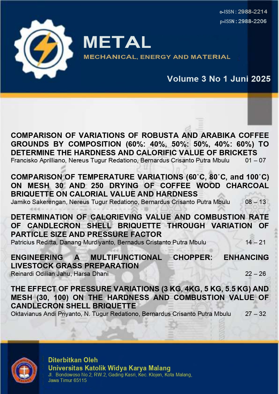 					View Vol. 3 No. 1 (2025): Juni: Mechanical, Energy and Material (METAL)
				